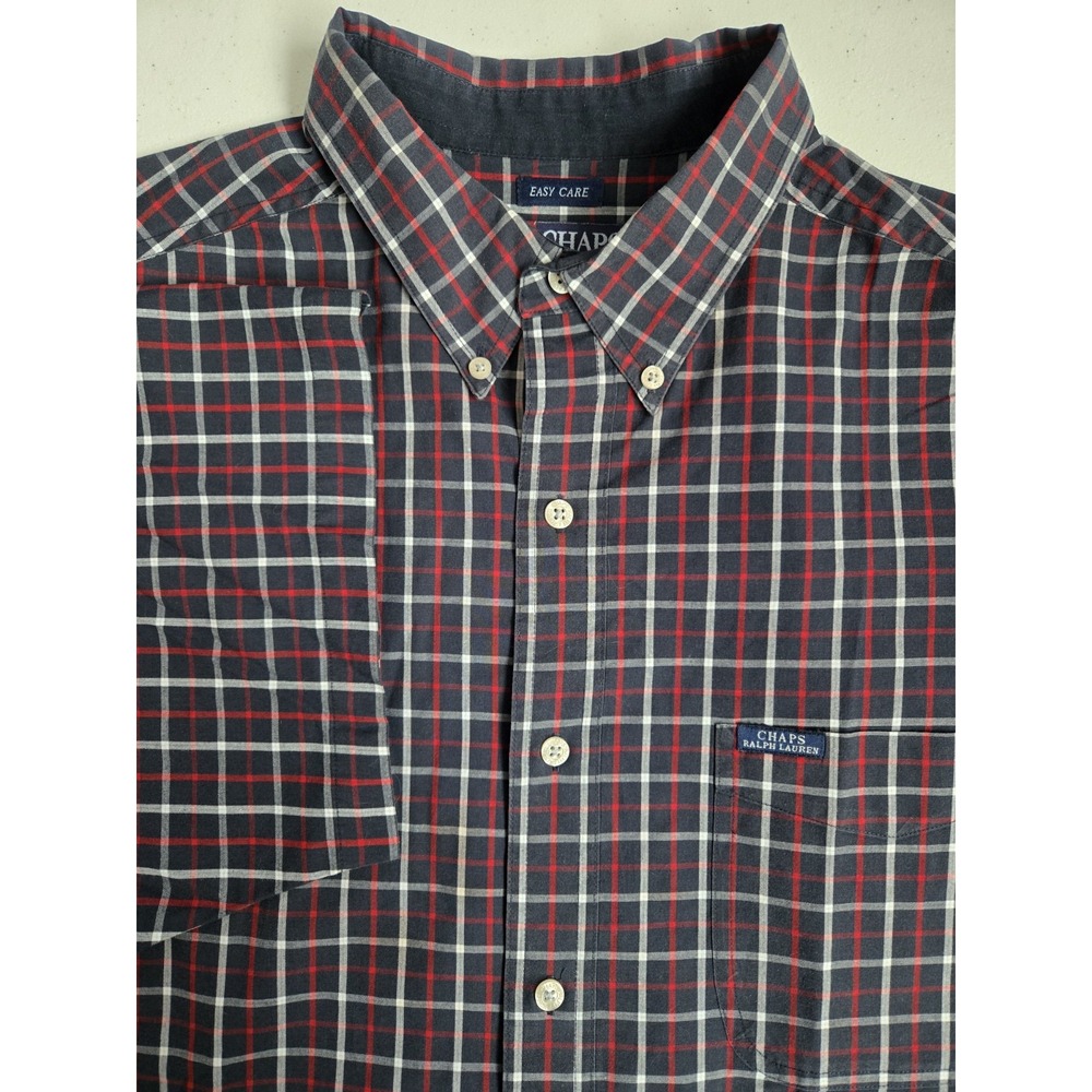 Chaps Ralph Lauren Men's XL VTG Blue Red White Check Plaid Easy Care Button Down